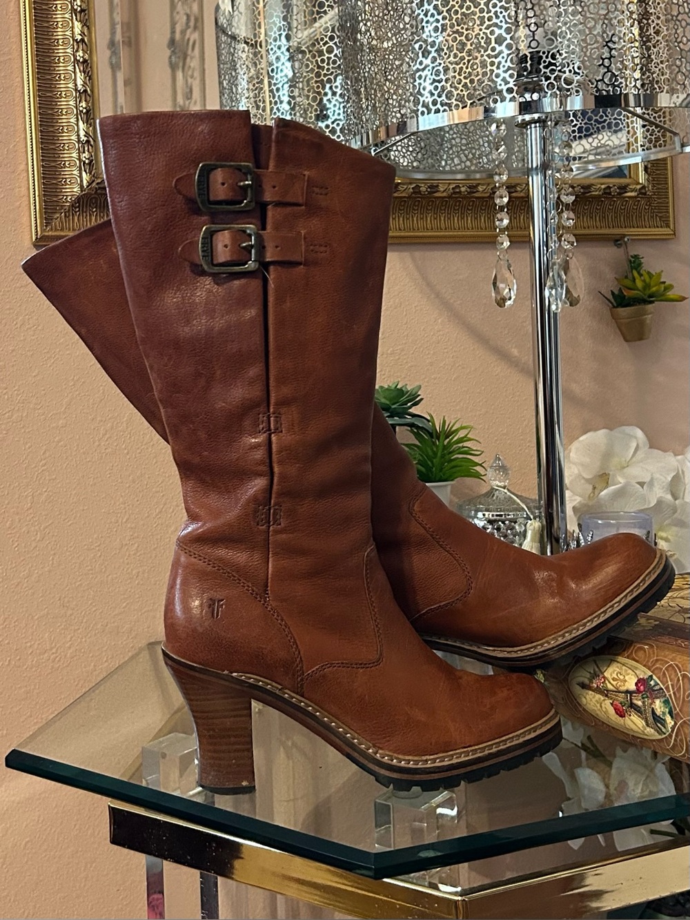 Frye Mildred Engineer Pull On Cognac Leather Heeled Boots with Buckle Detail 8